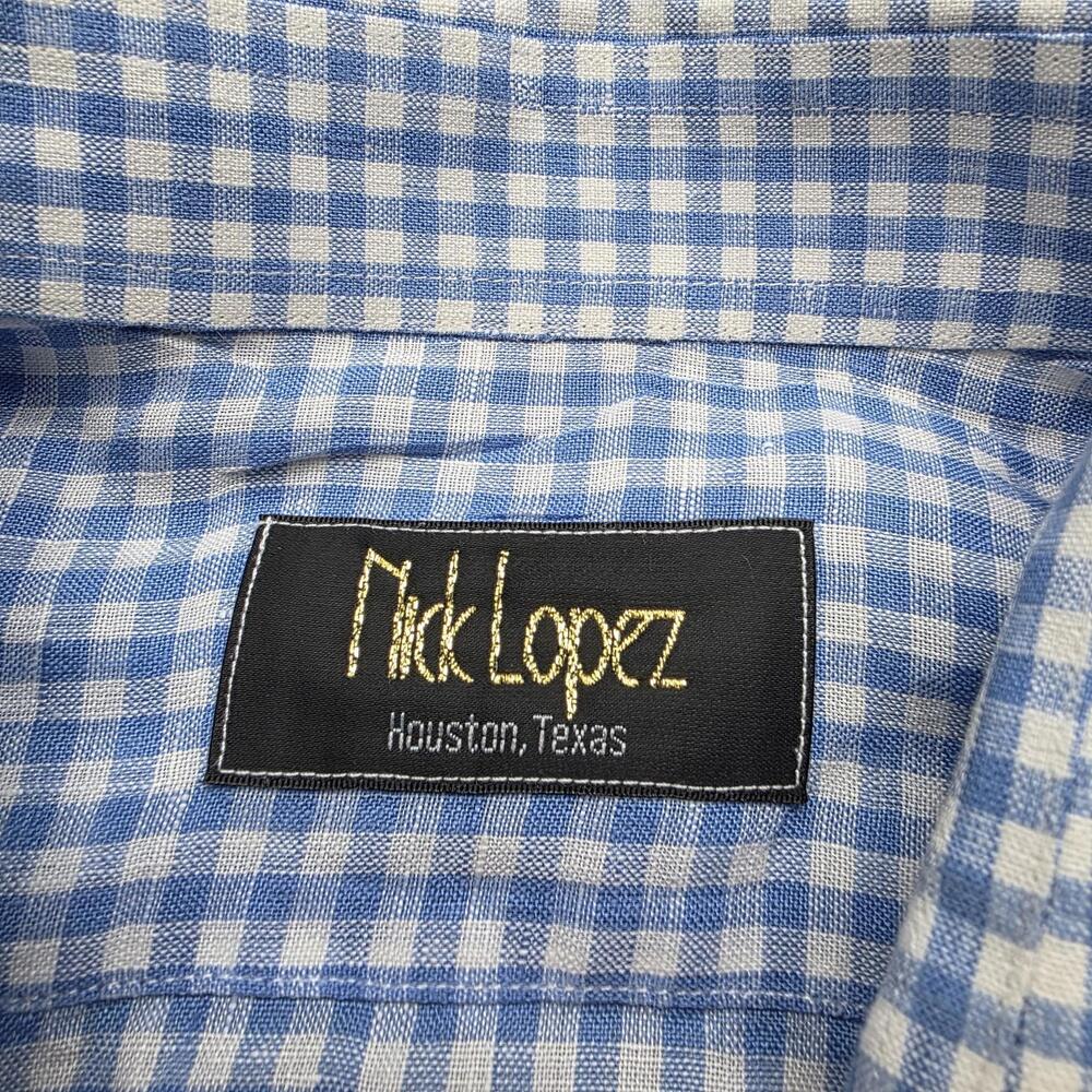 Nick Lopez Houston, TX Mens LG Blue White Gingham 100% Linen Button Down Shirt